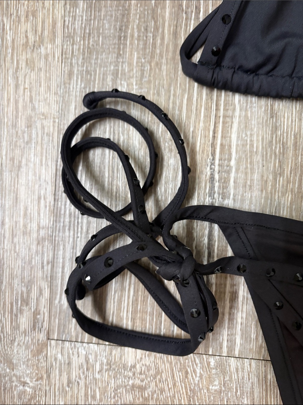 SKIMS Rhinestone Black Tie-Side Triangle Bikini Swim Set - Picture 3 of 6
